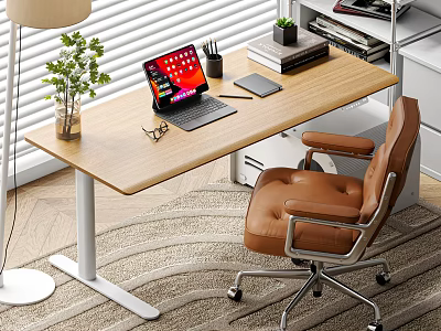 Functional Work Desk With Laptop Phone Stand Green Plant Leather Chair And Floor Lamp 3d model