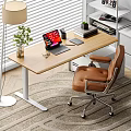 Functional Work Desk With Laptop Phone Stand Green Plant Leather Chair And Floor Lamp