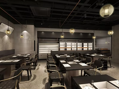Stylish Modern Hotpot Restaurant Interior With Black Tables Chairs And Pendant Lights 3d model