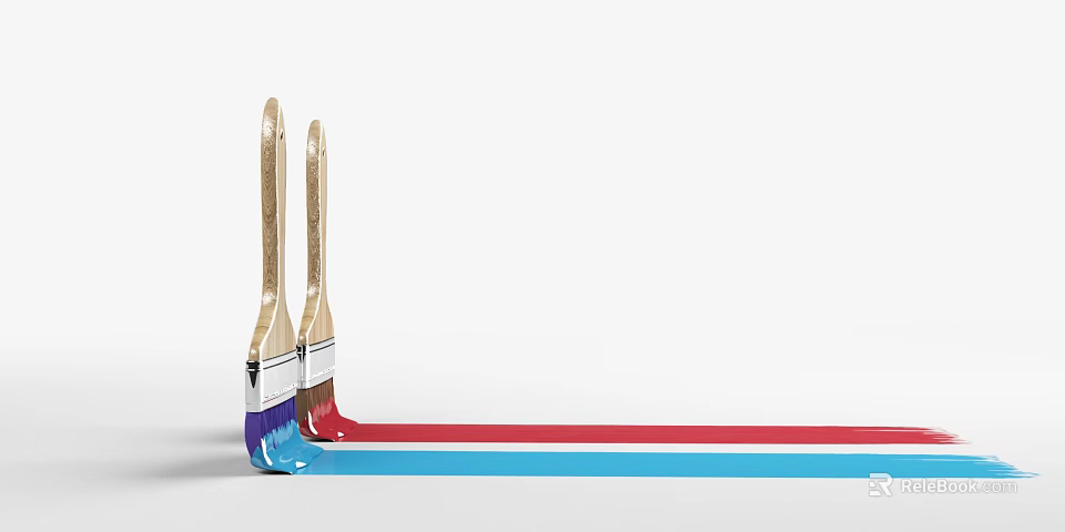 Two Paintbrushes with Soft Bristles Blue Red Dripping Paint Streaks on White Background 3d model 