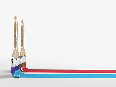 Two Paintbrushes with Soft Bristles Blue Red Dripping Paint Streaks on White Background 3d model
