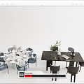 Modern Dining Table Set With Blue Dark Chairs Vases Green Plants And Tableware 3d model