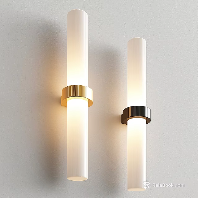 Modern Cylindrical Wall Lamps With White Shades Gold And Black Bases Illuminated On Wall 3d model 