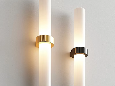 Modern Cylindrical Wall Lamps With White Shades Gold And Black Bases Illuminated On Wall 3d model