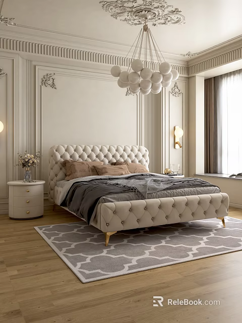 Elegant Bedroom Interior With Tufted Beige Bed Paneled Walls Pendant Light Rug And Wall Sconces 3d model 