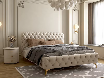 Elegant Bedroom Interior With Tufted Beige Bed Paneled Walls Pendant Light Rug And Wall Sconces 3d model
