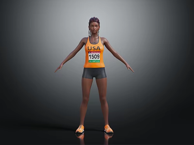 Female USA Athlete Wearing Orange Vest Black Shorts And Orange Shoes With Number 1509 Standing 3d model