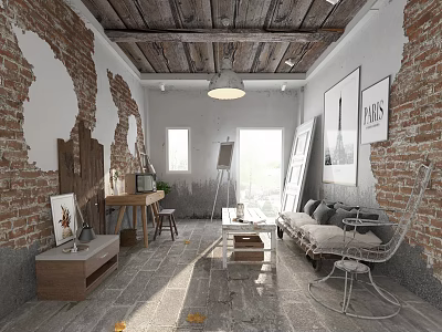 Rustic Living Room Interior With Brick Walls Wooden Ceiling Ceiling Lamp Easel And Sofa 3d model