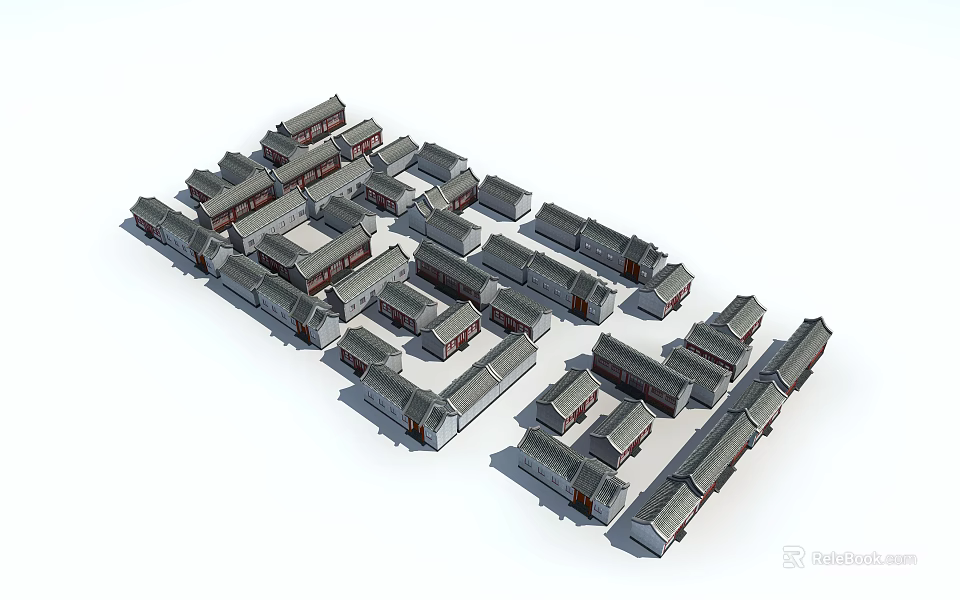 Ancient Architecture Complex With Traditional Gray Roofs And Courtyard Layout 3d model