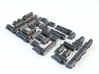 Ancient Architecture Complex With Traditional Gray Roofs And Courtyard Layout 3d model