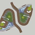 Modern Park Landscape With Winding Pathways Wooden Platforms Trees And Play Areas