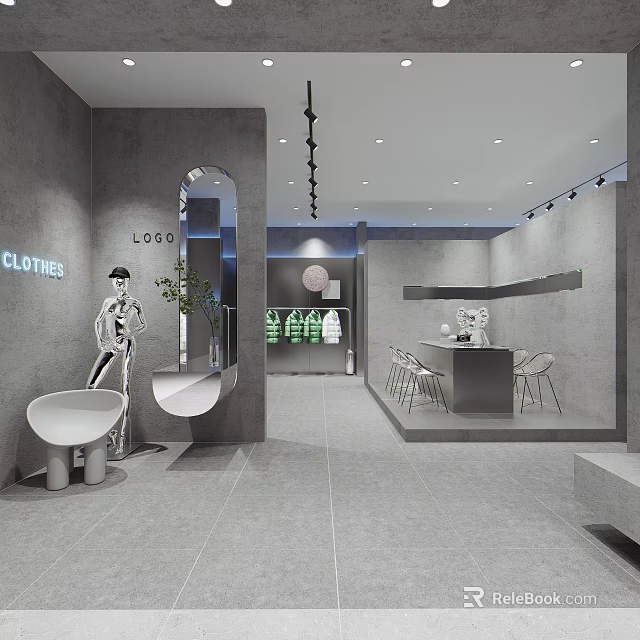 Modern Clothing Store Interior With Mannequins Green Plants And Logo Signage 3d model 