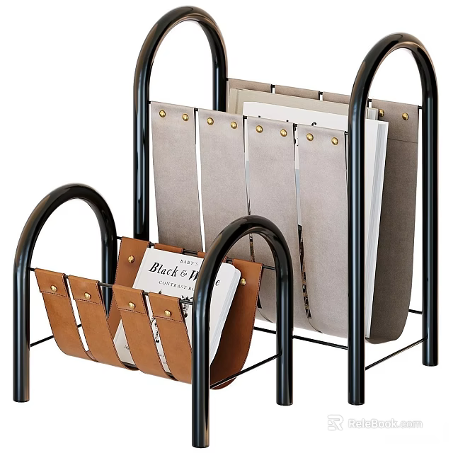 Decorative Ornament Set With Black Metal Frame And Leather Pockets For Organizing Magazines 3d model 
