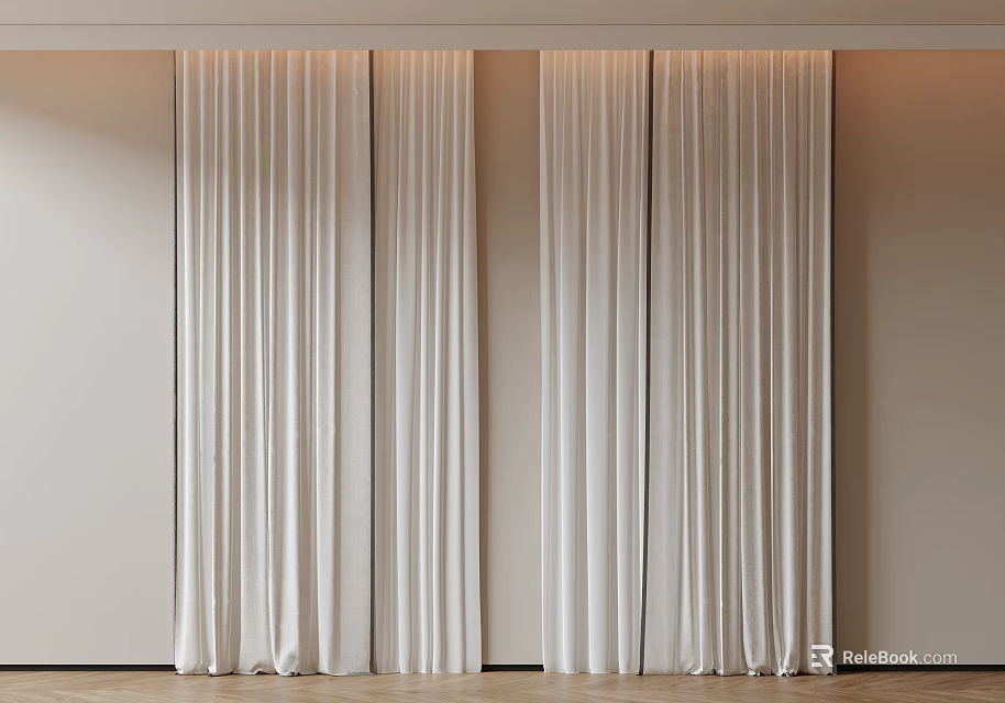 White Long Pleated Curtains For Modern Interior With Soft Light And Home Decor 3d model 