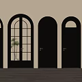 Black Arched Double Doors With Glass Panels Against Light Wall And Wooden Floor