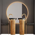 Modern Washbasin Design With Round Gold Frame Mirror Wooden Base And Black Countertop