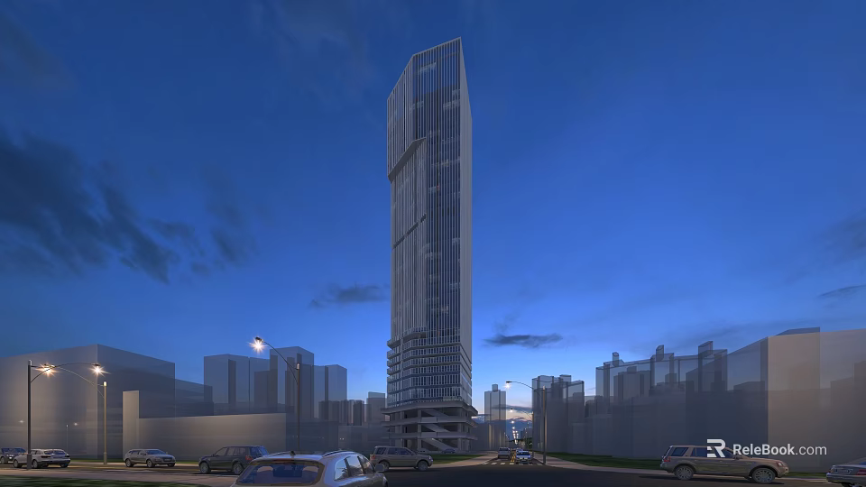 Modern High Rise Office Building in Night View With Urban Background Surrounding Buildings And Vehicles 3d model 