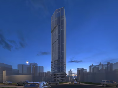 Modern High Rise Office Building in Night View With Urban Background Surrounding Buildings And Vehicles 3d model