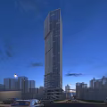 Modern High Rise Office Building in Night View With Urban Background Surrounding Buildings And Vehicles