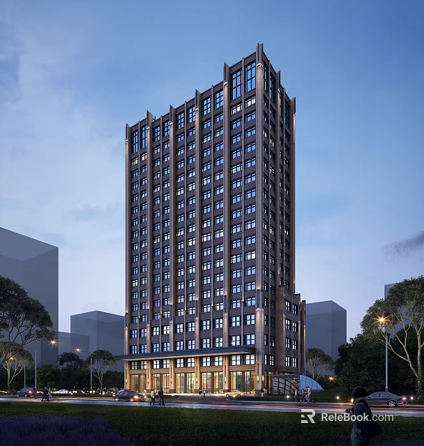 Modern High Rise Hotel Building with Glass Curtain Wall Surrounded by Trees and Street Lights 3d model 