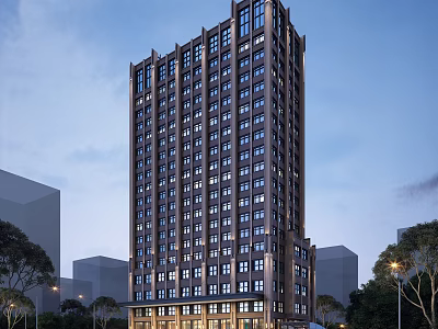 Modern High Rise Hotel Building with Glass Curtain Wall Surrounded by Trees and Street Lights 3d model