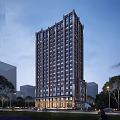 Modern High Rise Hotel Building with Glass Curtain Wall Surrounded by Trees and Street Lights