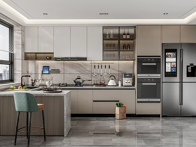 Modern Open Kitchen Interior Design With Island Counter Cabinets And Appliances 3d model