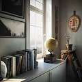 Cozy Living Room Interior Design with Gray Sofa Black White Photos Floor Lamp Bookshelf and Window