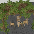 Pergola with Green Vines and Grapes Over Wooden Chairs and Table in Outdoor Patio