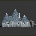 Detailed Traditional Stone Building Model With Multiple Conical Roofs And Greenery