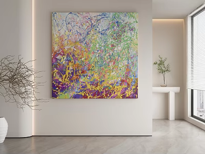 Abstract Painting Hanging On Wall With Vibrant Colorful Brushstrokes In Modern Room 3d model