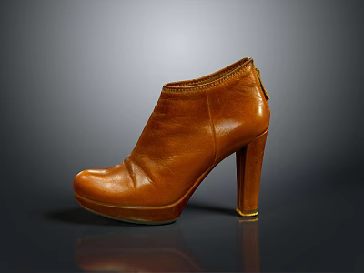 Brown Leather High Heel Ankle Boots With Zipper Block Heel And Gold Decoration 3d model