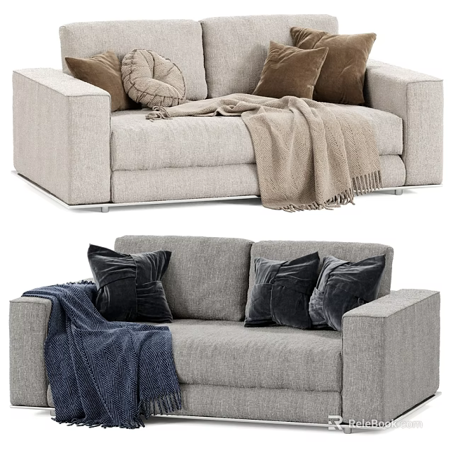 Light Beige and Gray Two Seater Sofa with Brown Black Pillows and Beige Blue Blanket 3d model 