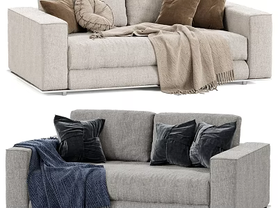Light Beige and Gray Two Seater Sofa with Brown Black Pillows and Beige Blue Blanket 3d model