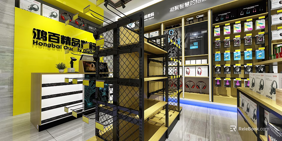 Modern Digital Store Interior With Shelves Displaying Headphones And Electronic Accessories 3d model 