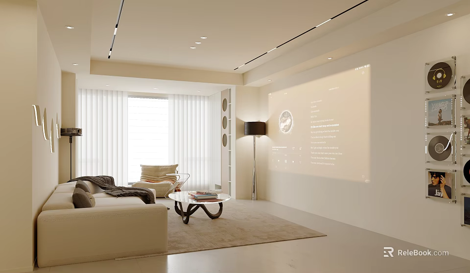 Open Modern Living Dining Room Interior With Sofa Coffee Table Projection Screen And Floor Lamp 3d model 