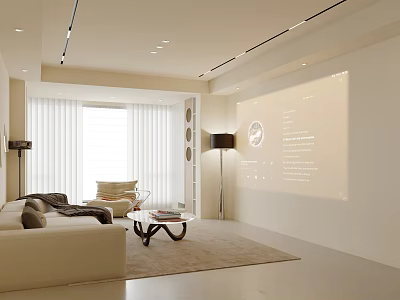 Open Modern Living Dining Room Interior With Sofa Coffee Table Projection Screen And Floor Lamp 3d model