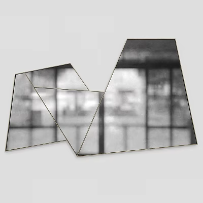 Modern Geometric Mirror Design With Metallic Frame Reflecting Indoor Windows And Scenery 3d model