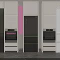 Three White Kitchen Cabinets With Refrigerator Oven And Appliances Arranged Side By Side 3d model