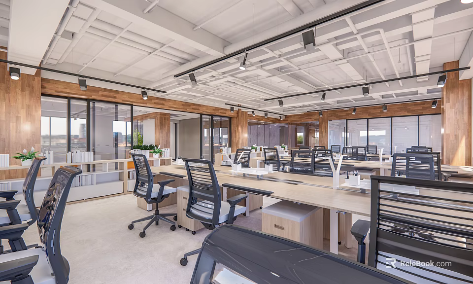 Modern Public Office Space With Open Layout Workstations And Large Windows 3d model