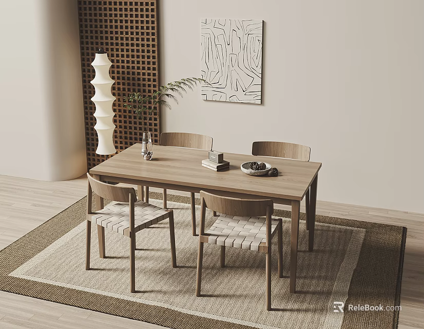 Minimalist Wooden Dining Table With Four Chairs Area Rug And Wall Line Art Painting 3d model 