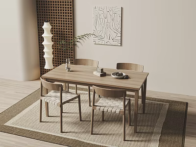 Minimalist Wooden Dining Table With Four Chairs Area Rug And Wall Line Art Painting 3d model