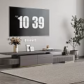 Modern TV Stand With Storage Cabinets Decorative Items Photo Frames And Potted Plants