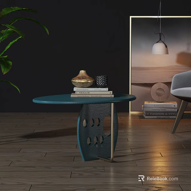 Blue Round Side Table with Books and Decorative Items in Modern Living Room 3d model 