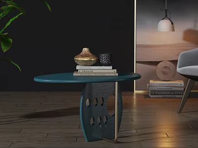 Blue Round Side Table with Books and Decorative Items in Modern Living Room 3d model