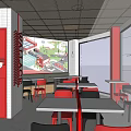 Fast Food Burger Chicken Restaurant With Red Counter Tables Chairs And Menu Screens