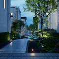 Serene Garden Landscape with Patterned Stone Pathway Hedges Trees Sculpture and Evening Lighting