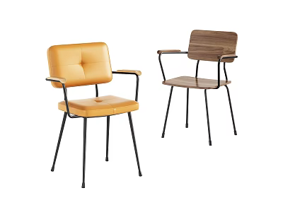Modern Dining Chairs With Armrests Yellow Leather And Wooden Seats Black Metal Legs 3d model