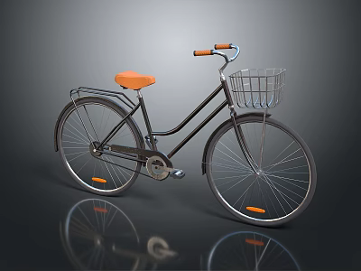 Classic Black Bicycle With Orange Seat Handlebars Front Basket And Wheel Reflectors 3d model