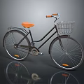 Classic Black Bicycle With Orange Seat Handlebars Front Basket And Wheel Reflectors